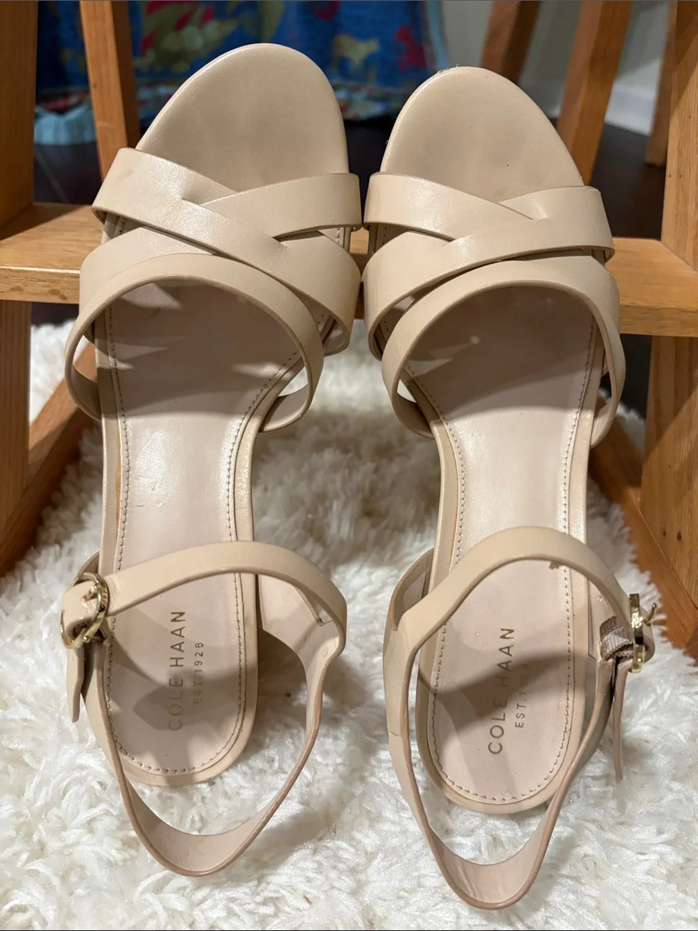 Cole Haan Beige Strappy Cork Block Heel Sandals
